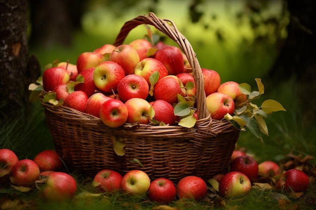 una canasta de manzanas con una canastra de manzanas en la hierba.