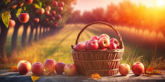 Una canasta de manzanas en una granja con un campo al fondo