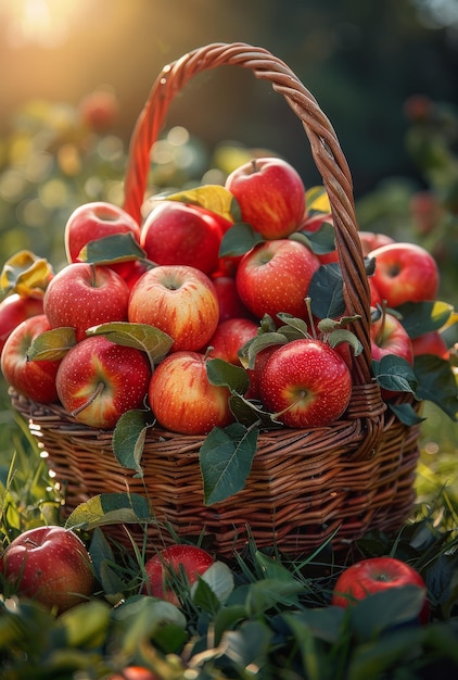 Una canasta con manzanas en la hierba en el huerto