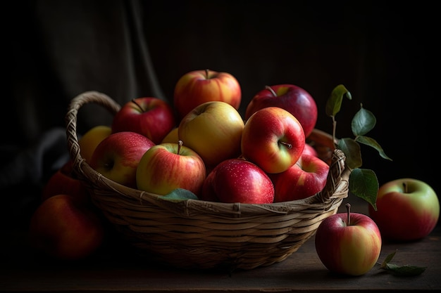 Una canasta de manzanas con hojas y una hoja al costado.