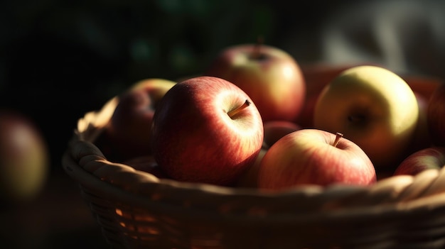 Una canasta de manzanas a la luz del sol.