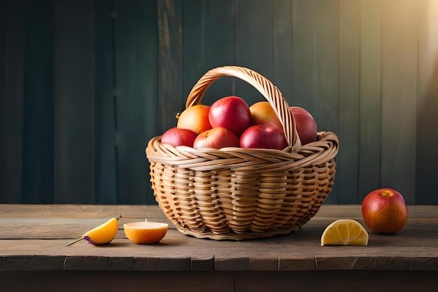 Una canasta de manzanas y una manzana sobre una mesa.