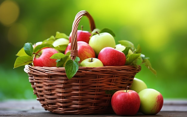 Una canasta de manzanas en una mesa con un fondo verde