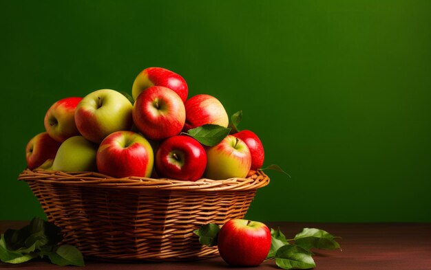 Una canasta de manzanas en una mesa con un fondo verde