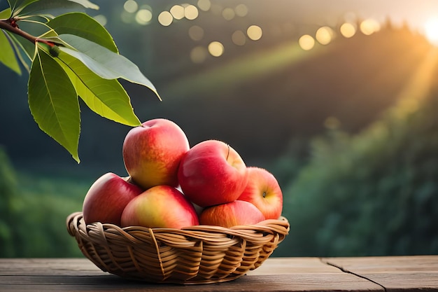 Una canasta de manzanas en una mesa con un fondo verde