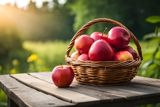 Una canasta de manzanas en una mesa con un fondo verde