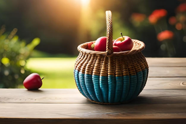 Una canasta de manzanas en una mesa con un fondo verde