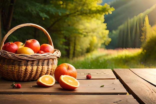 Una canasta de manzanas en una mesa con un fondo verde