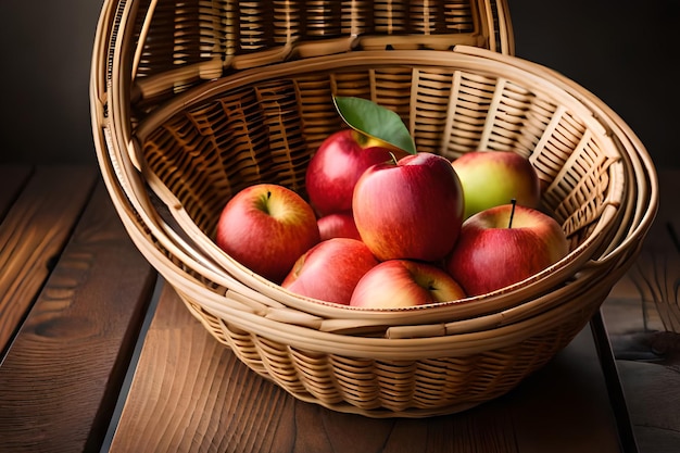 Una canasta de manzanas en una mesa de madera