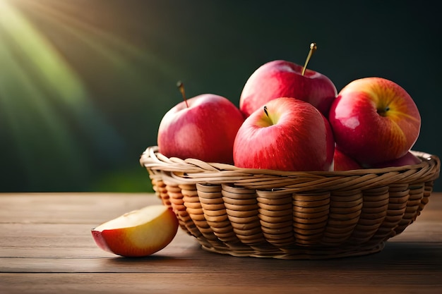 Una canasta de manzanas en una mesa de madera