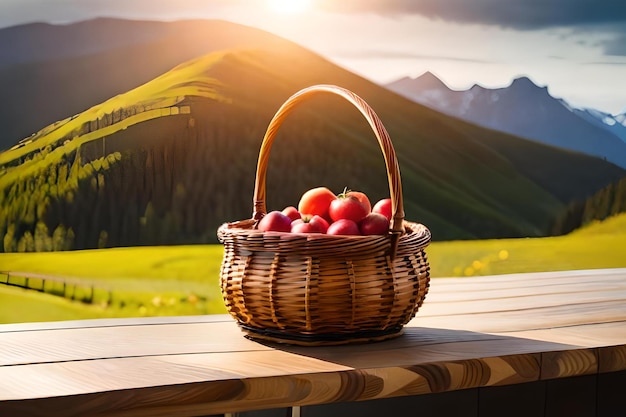 Una canasta de manzanas en una mesa con montañas al fondo