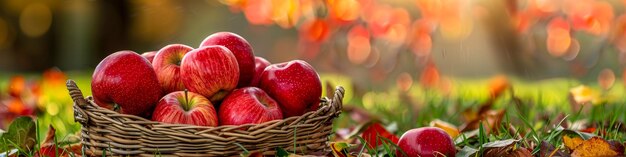 Una canasta de manzanas rojas frescas en la hierba de otoño