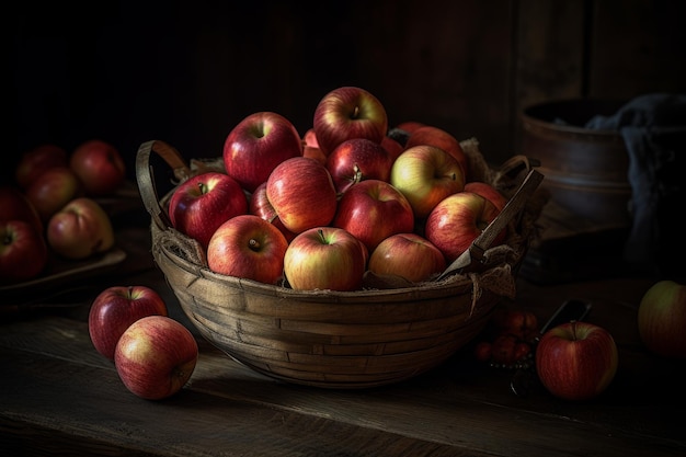 Una canasta de manzanas se sienta en una mesa con un fondo oscuro.