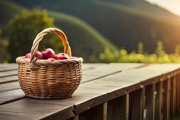 Una canasta de manzanas se sienta en una mesa de madera con una puesta de sol en el fondo.