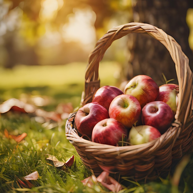 una canasta de manzanas con el sol brillando a través de las hojas