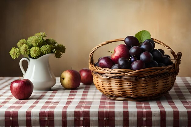 Una canasta de manzanas y una taza de manzana sobre una mesa