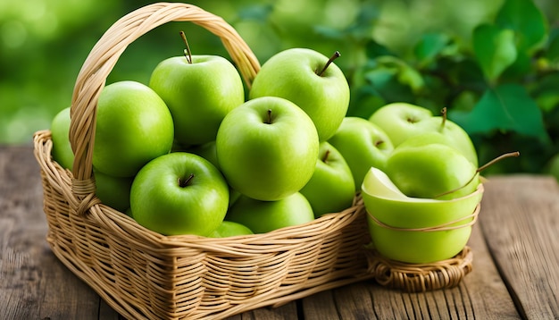 una canasta de manzanas con una taza verde y una canasa de manzanas