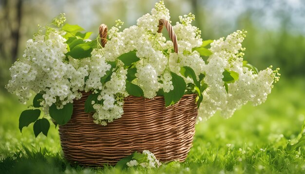 una canasta de mimbre con flores blancas en el césped