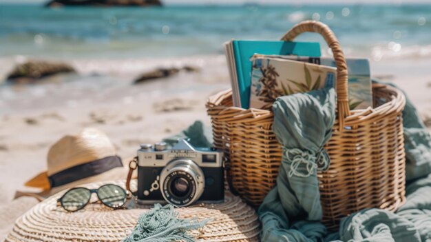 Una canasta de mimbre con libros un sombrero y una cámara descansa en la playa de arena aig