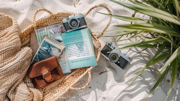 Foto una canasta de mimbre con libros un sombrero y una cámara descansa en la playa de arena aig