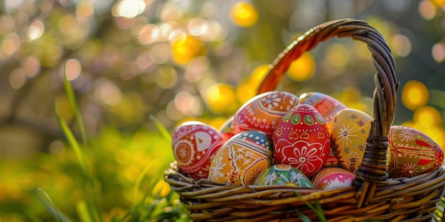 Una canasta de mimbre llena de huevos de Pascua intrincadamente pintados anidados en manantiales abrazan las horas doradas brillan