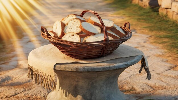 Una canasta de mimbre de pan blanco en rebanadas colocada sobre una mesa de piedra