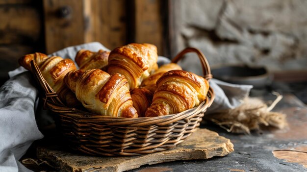 Una canasta de mini croissants contra un mostrador de cocina rústico