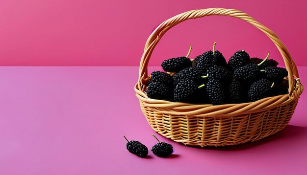 Una canasta de moras se asienta sobre un fondo rosa.