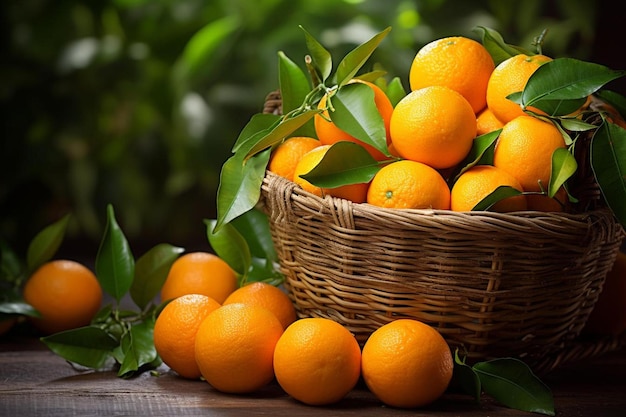 Una canasta de naranjas con hojas y hojas sobre una mesa.