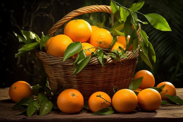 Una canasta de naranjas con hojas y hojas.