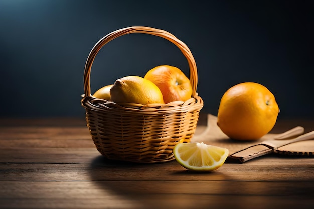 Una canasta de naranjas y limones en una mesa de madera