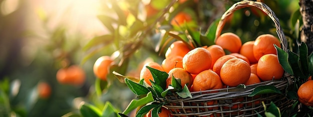 una canasta de naranjas maduras en el jardín