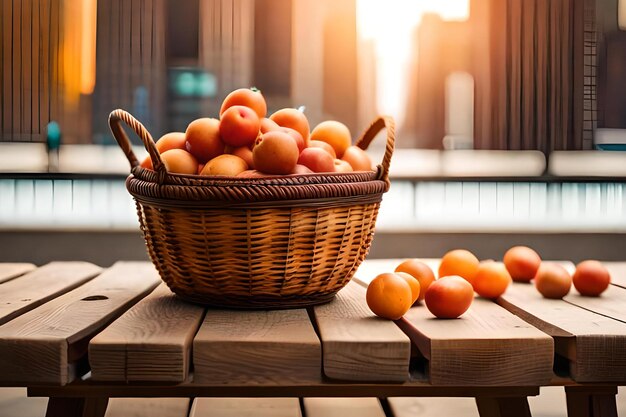 Una canasta de naranjas en una mesa