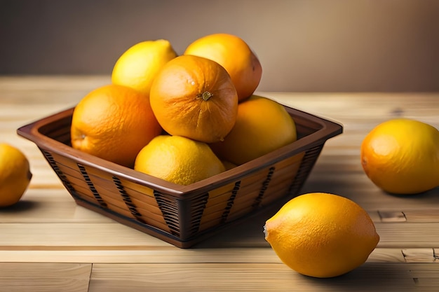 Una canasta de naranjas y naranjas sobre una mesa.