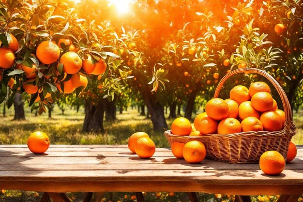 Una canasta de naranjas se sienta en una mesa de madera con una canasta de laranjas