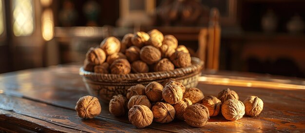 Una canasta de nueces en una mesa de madera