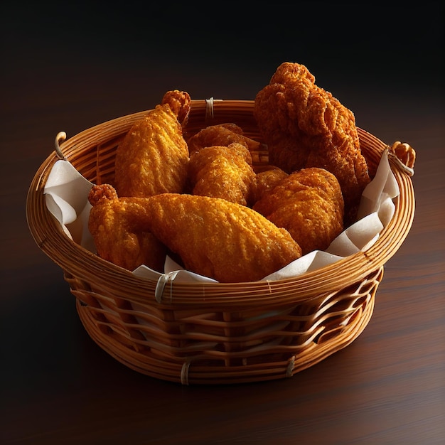 Una canasta de nuggets de pollo está sobre una mesa.