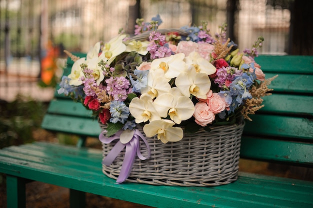 Canasta de orquídeas blancas y flores de diferentes colores en el banco