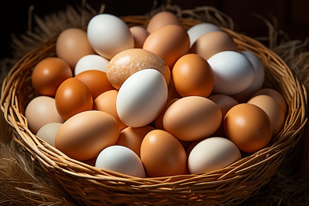 Foto una canasta de paja desbordante, una delicia de huevos ecológicos frescos