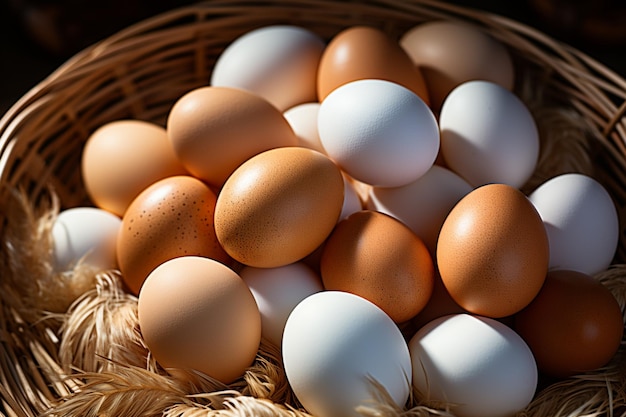 Foto una canasta de paja desbordante, una delicia de huevos ecológicos frescos