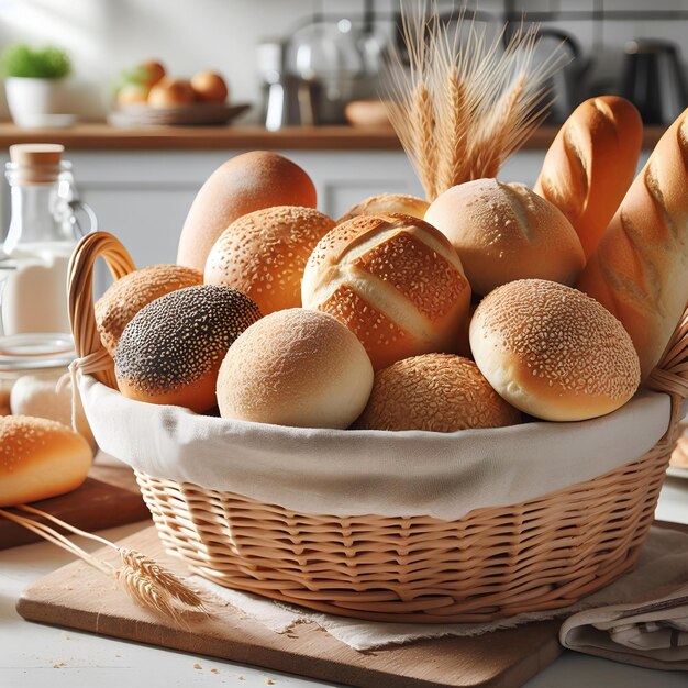 Una canasta de pan en un mostrador blanco de la cocina