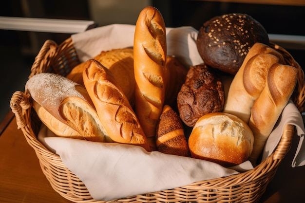 Canasta de pan recién horneado que incluye panecillos y baguettes creados con IA generativa