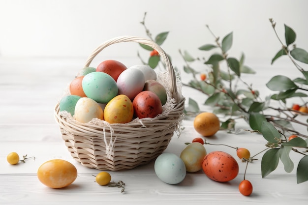 Canasta de Pascua colorida llena de huevos IA generativa