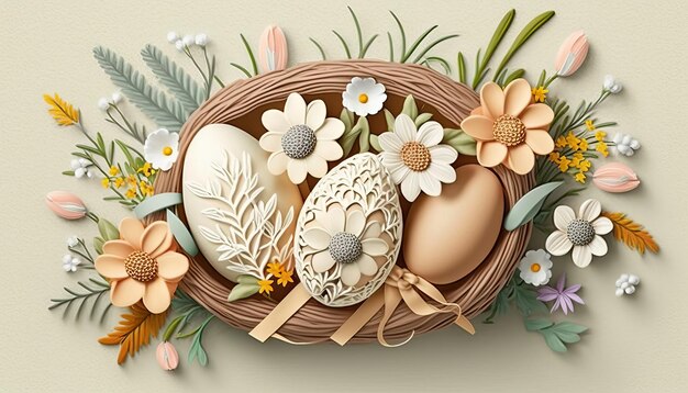Canasta de Pascua con Huevos y Flores AI Generativo
