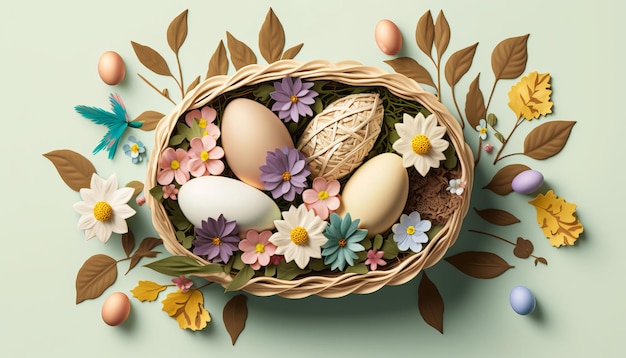 Canasta de Pascua con Huevos y Flores AI Generativo