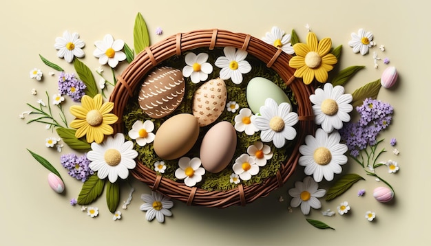 Canasta de Pascua con Huevos y Flores AI Generativo