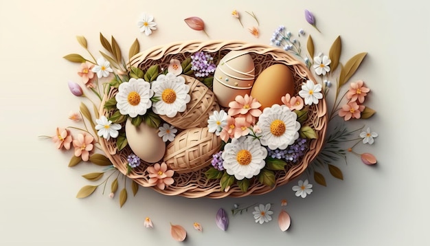 Canasta de Pascua con Huevos y Flores AI Generativo