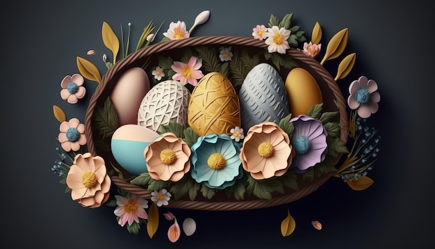 Canasta de Pascua con Huevos y Flores AI Generativo