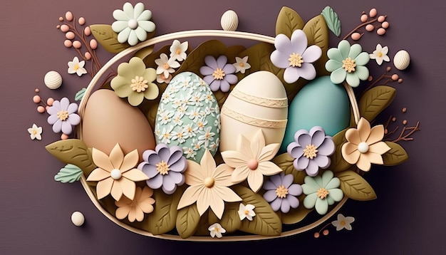 Canasta de Pascua con Huevos y Flores AI Generativo