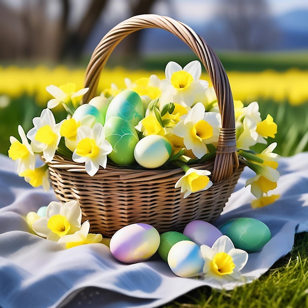 La canasta de Pascua con huevos de Pascua en un prado verde Los narcisos están floreciendo de amarillo